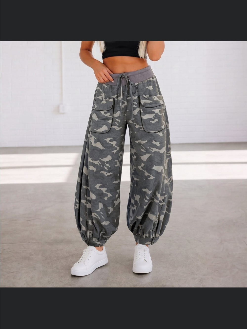 Camo Drawstring Balloon Jogger Pants - Gray